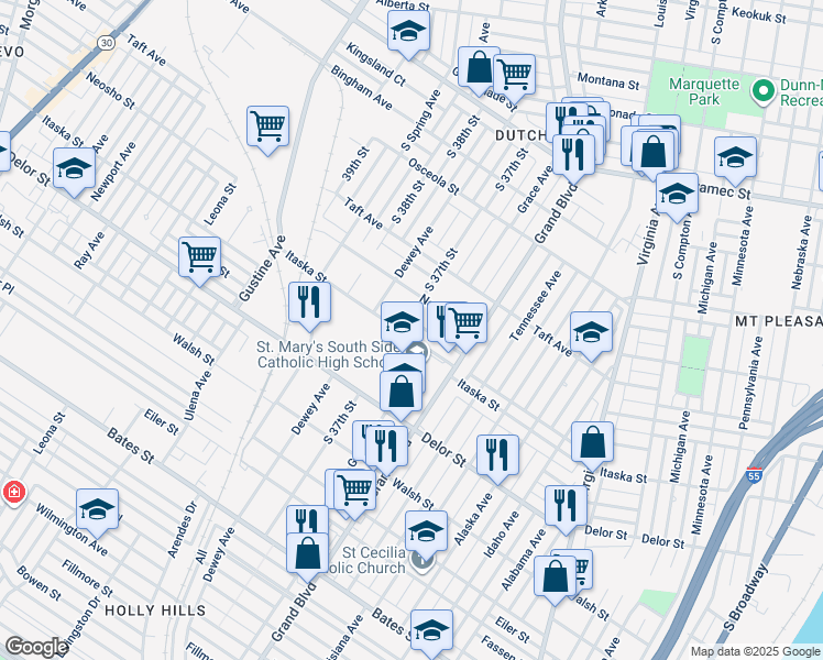 map of restaurants, bars, coffee shops, grocery stores, and more near 3644 Itaska Street in St. Louis