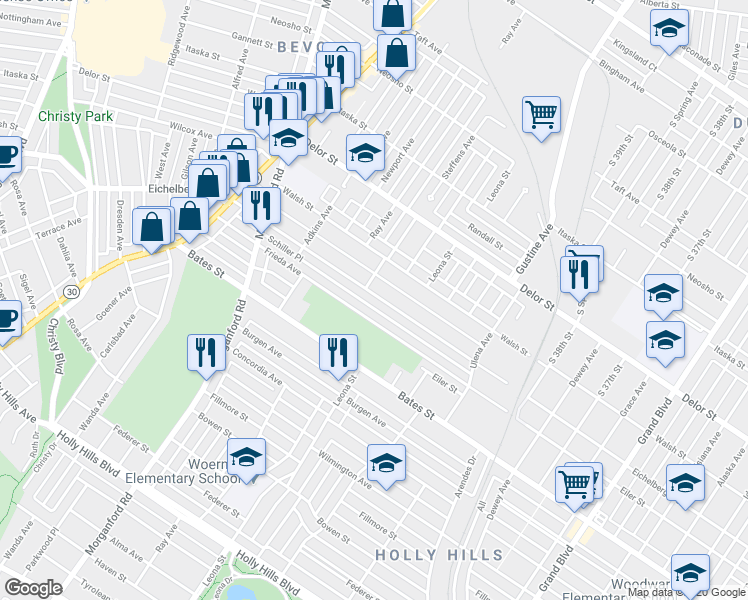 map of restaurants, bars, coffee shops, grocery stores, and more near 4052 Schiller Place in St. Louis