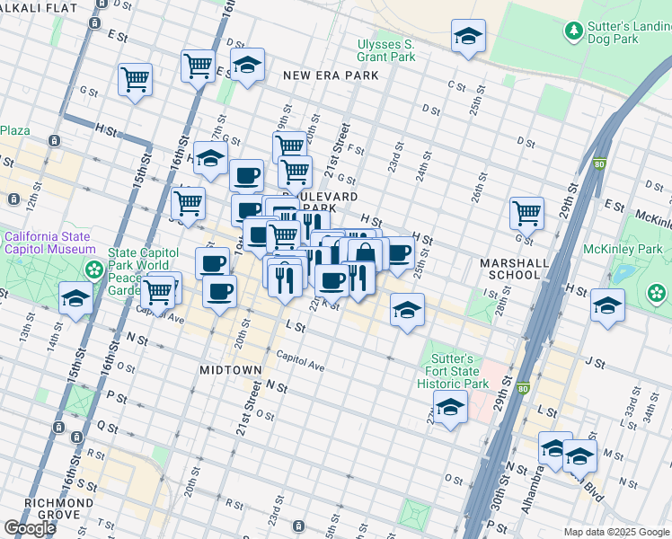map of restaurants, bars, coffee shops, grocery stores, and more near 1009 22nd Street in Sacramento