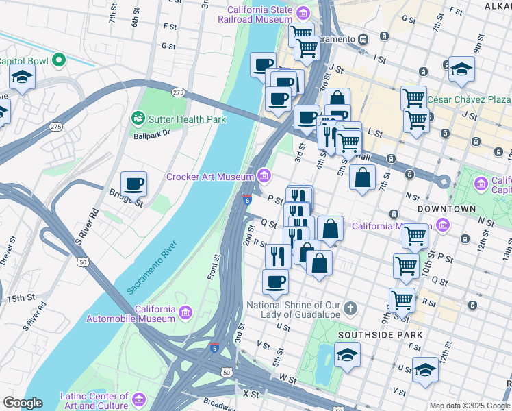 map of restaurants, bars, coffee shops, grocery stores, and more near 200 P Street in Sacramento