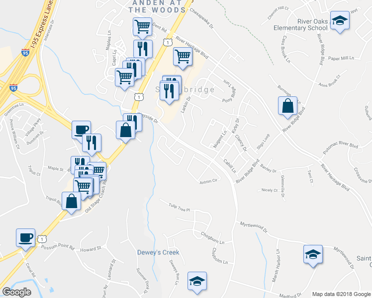 map of restaurants, bars, coffee shops, grocery stores, and more near 3225 Mountain Laurel Loop in Dumfries