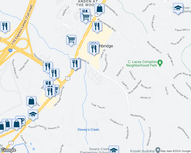 map of restaurants, bars, coffee shops, grocery stores, and more near 3369 Mountain Laurel Loop in Dumfries