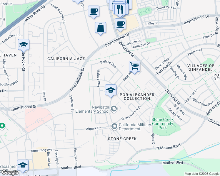 map of restaurants, bars, coffee shops, grocery stores, and more near 10765 Auvernat Drive in Rancho Cordova