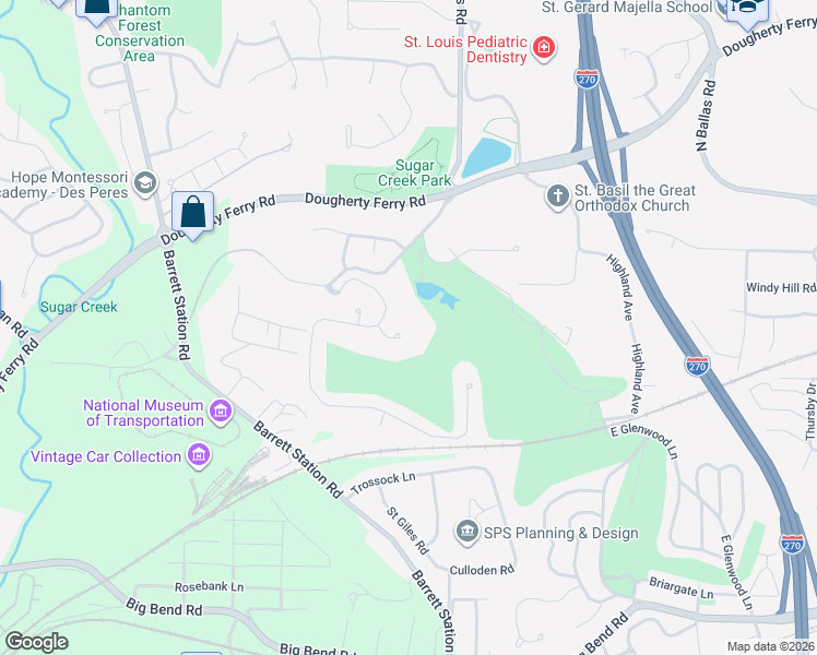 map of restaurants, bars, coffee shops, grocery stores, and more near 2607 Briar Valley Court in St. Louis