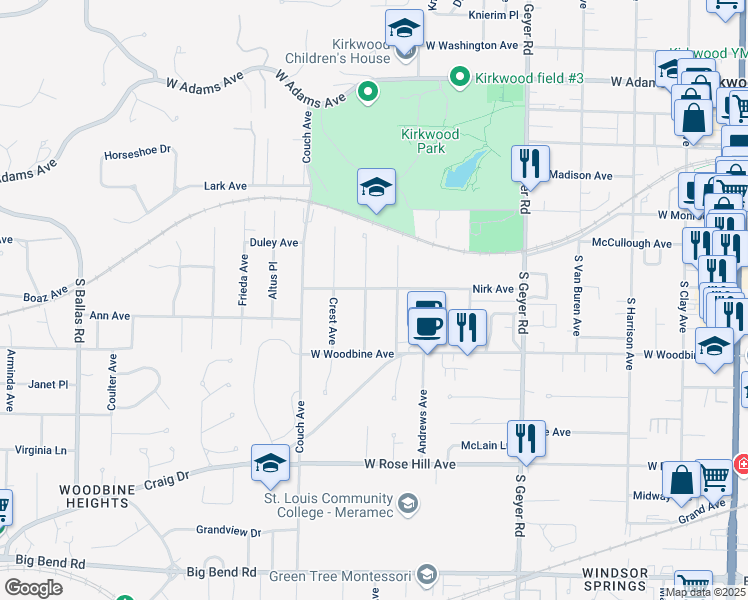map of restaurants, bars, coffee shops, grocery stores, and more near 427 George Avenue in Kirkwood
