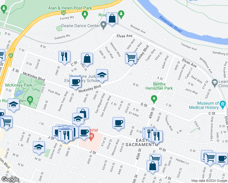 map of restaurants, bars, coffee shops, grocery stores, and more near 333 San Antonio Way in Sacramento