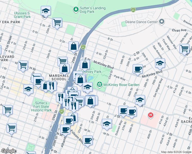 map of restaurants, bars, coffee shops, grocery stores, and more near 601 Alhambra Boulevard in Sacramento