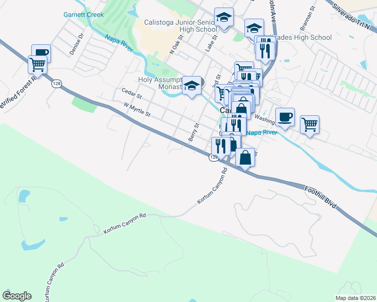 map of restaurants, bars, coffee shops, grocery stores, and more near 1423 Foothill Boulevard in Calistoga