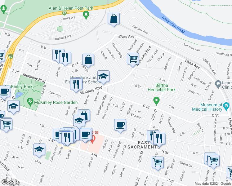 map of restaurants, bars, coffee shops, grocery stores, and more near 331 San Antonio Way in Sacramento