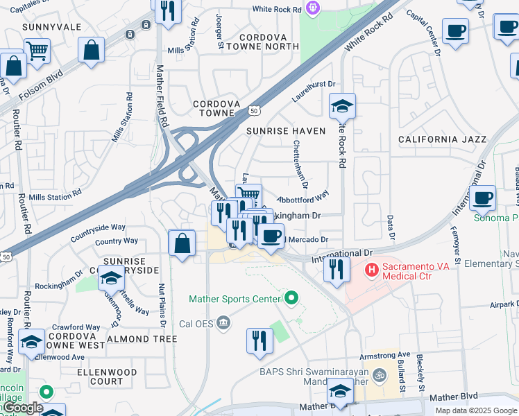 map of restaurants, bars, coffee shops, grocery stores, and more near 10401 Rockingham Drive in Rancho Cordova