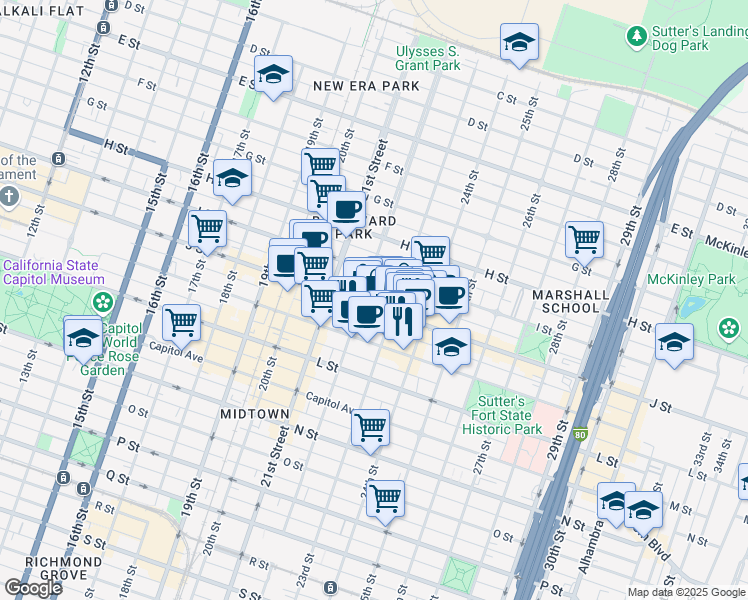 map of restaurants, bars, coffee shops, grocery stores, and more near 2230 J Street in Sacramento