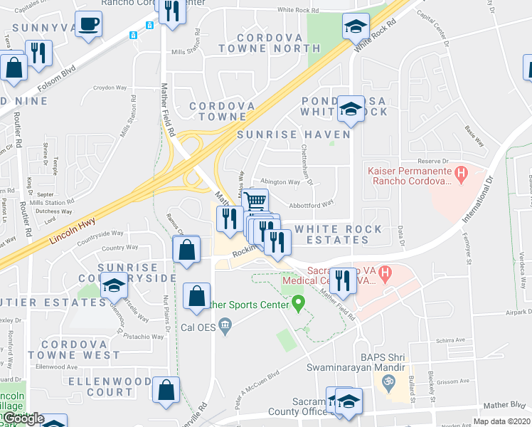 map of restaurants, bars, coffee shops, grocery stores, and more near 10401 Rockingham Drive in Rancho Cordova