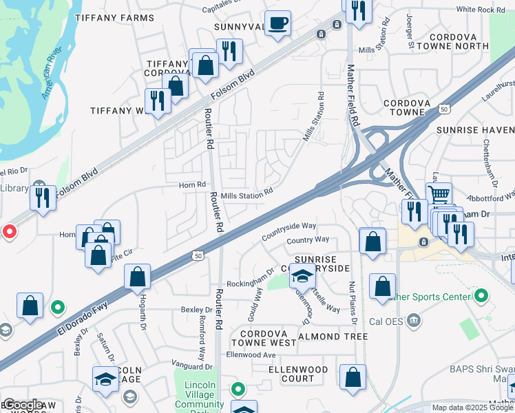 map of restaurants, bars, coffee shops, grocery stores, and more near 153 Dutchess Way in Sacramento