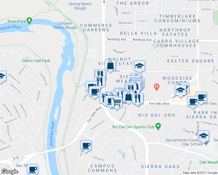 map of restaurants, bars, coffee shops, grocery stores, and more near 2125 Fair Oaks Boulevard in Sacramento