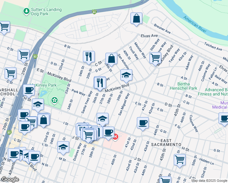 map of restaurants, bars, coffee shops, grocery stores, and more near 505 38th Street in Sacramento