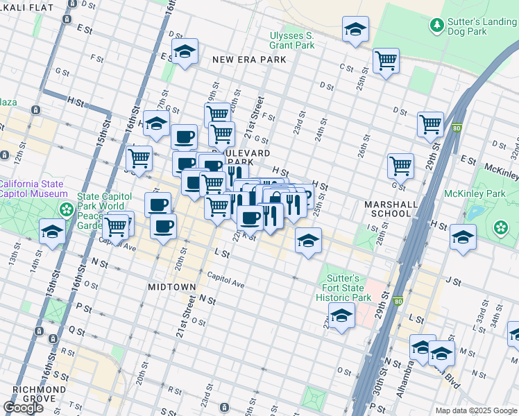 map of restaurants, bars, coffee shops, grocery stores, and more near in Sacramento