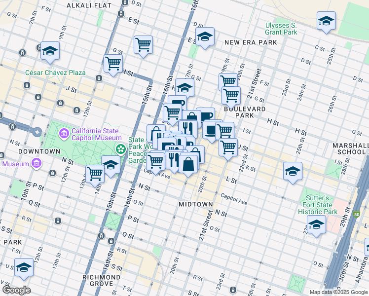 map of restaurants, bars, coffee shops, grocery stores, and more near in Sacramento