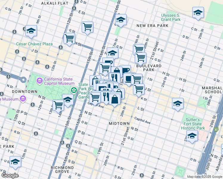 map of restaurants, bars, coffee shops, grocery stores, and more near in Sacramento