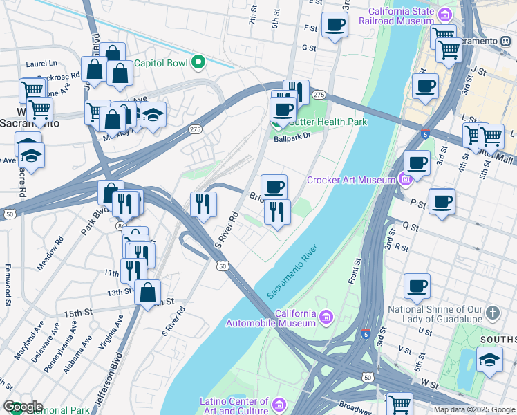map of restaurants, bars, coffee shops, grocery stores, and more near 967 Eames Walk in West Sacramento
