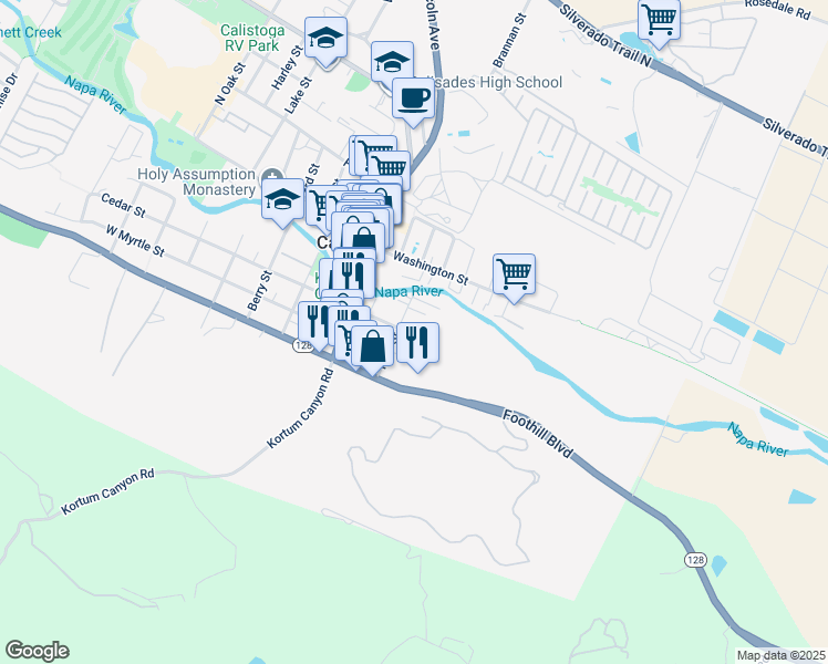 map of restaurants, bars, coffee shops, grocery stores, and more near 1214 Pine Street in Calistoga