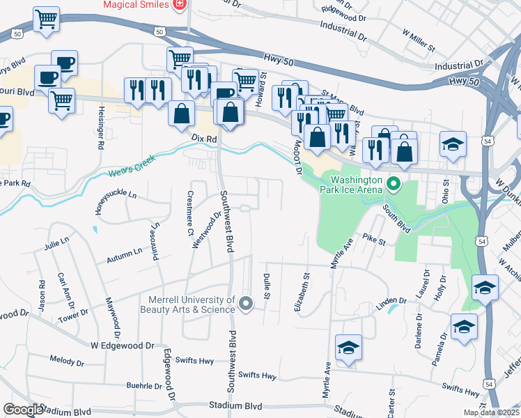 map of restaurants, bars, coffee shops, grocery stores, and more near 839 Southwest Boulevard in Jefferson City
