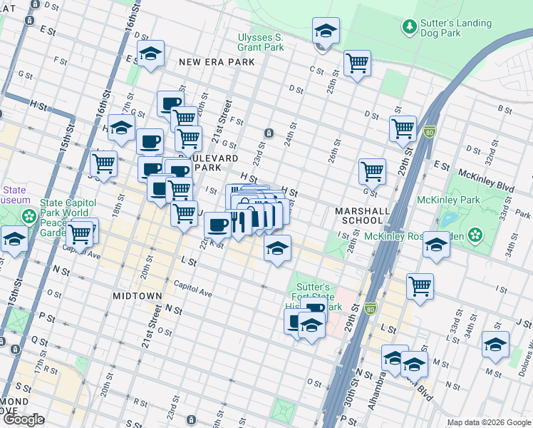 map of restaurants, bars, coffee shops, grocery stores, and more near 2331 J Street in Sacramento
