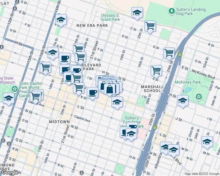 map of restaurants, bars, coffee shops, grocery stores, and more near 910 24th Street in Sacramento