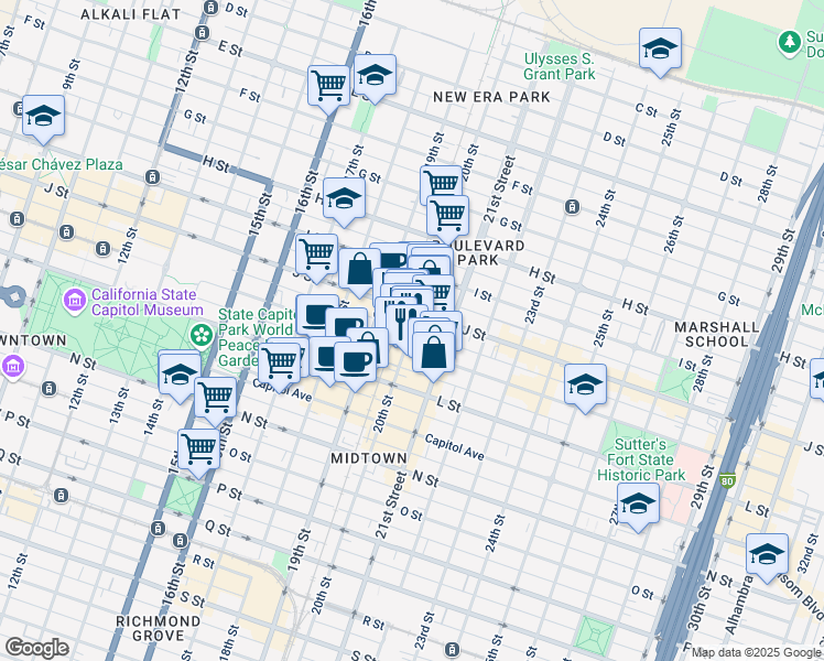 map of restaurants, bars, coffee shops, grocery stores, and more near Jazz Alley in Sacramento