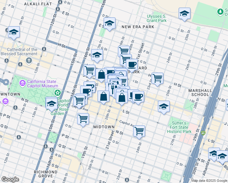 map of restaurants, bars, coffee shops, grocery stores, and more near 2001 K Street in Sacramento