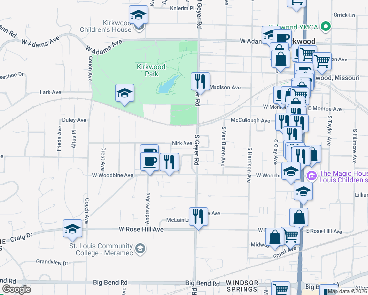 map of restaurants, bars, coffee shops, grocery stores, and more near 424 Heman Drive in Kirkwood