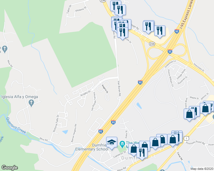 map of restaurants, bars, coffee shops, grocery stores, and more near 4024 Mammoth Cave Loop in Dumfries