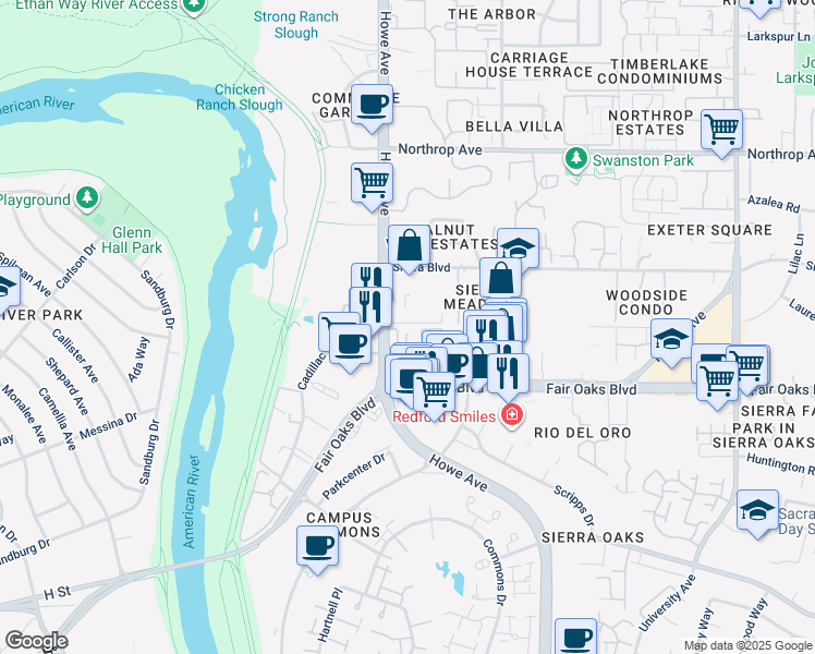 map of restaurants, bars, coffee shops, grocery stores, and more near 2125 Fair Oaks Boulevard in Sacramento