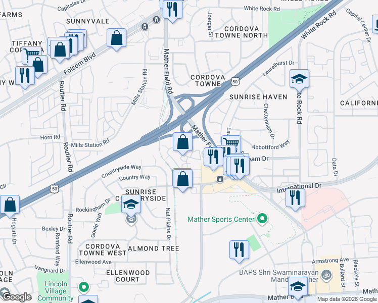 map of restaurants, bars, coffee shops, grocery stores, and more near 3284 Ramos Cir in Sacramento