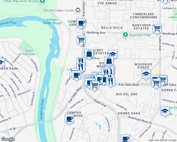 map of restaurants, bars, coffee shops, grocery stores, and more near 2125 Fair Oaks Boulevard in Sacramento