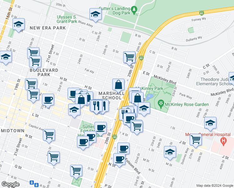 map of restaurants, bars, coffee shops, grocery stores, and more near 2830 H Street in Sacramento
