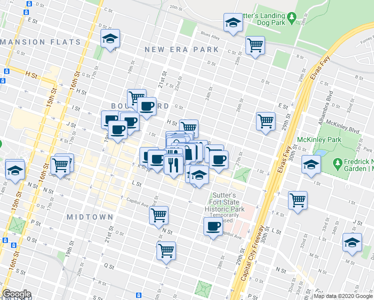 map of restaurants, bars, coffee shops, grocery stores, and more near 2331 J Street in Sacramento
