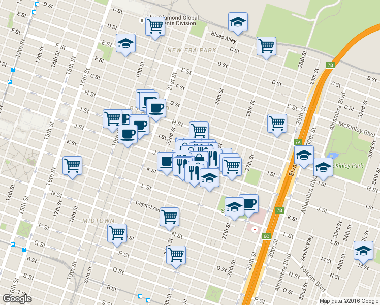 map of restaurants, bars, coffee shops, grocery stores, and more near 2331 J Street in Sacramento