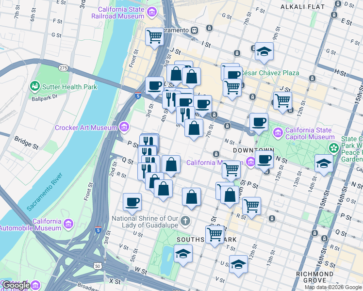 map of restaurants, bars, coffee shops, grocery stores, and more near 515 P Street in Sacramento