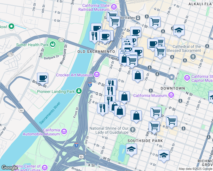 map of restaurants, bars, coffee shops, grocery stores, and more near 400 P Street in Sacramento