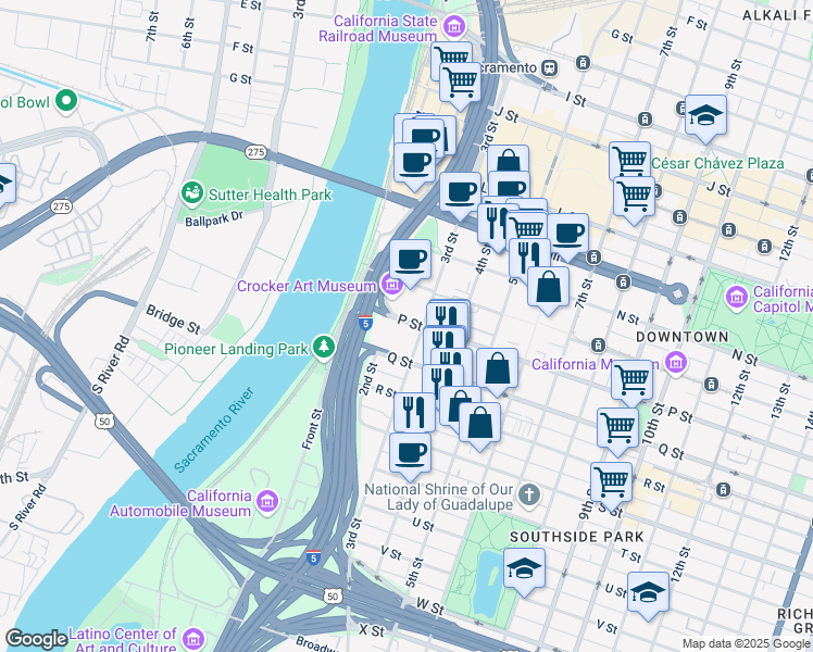 map of restaurants, bars, coffee shops, grocery stores, and more near 400 P Street in Sacramento