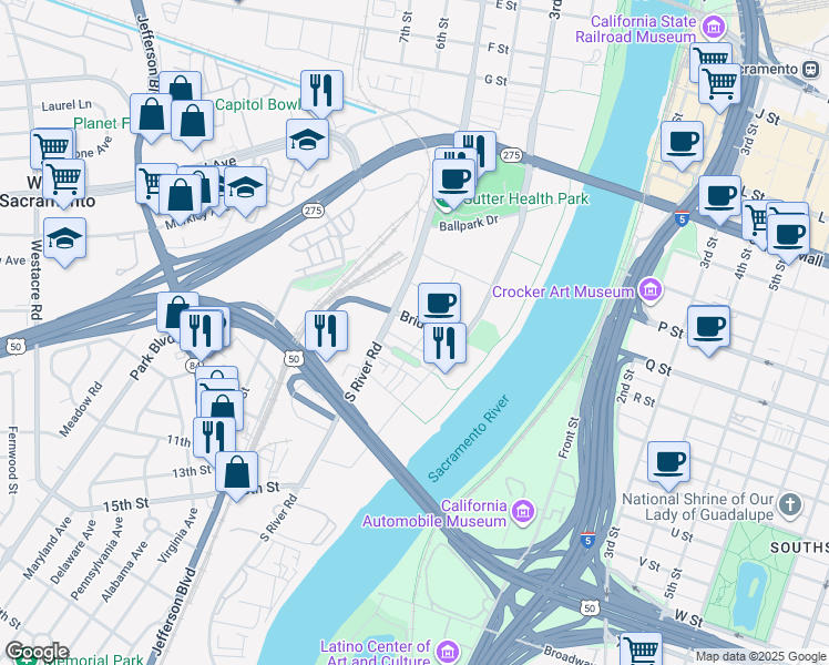 map of restaurants, bars, coffee shops, grocery stores, and more near 967 Eames Walk in West Sacramento