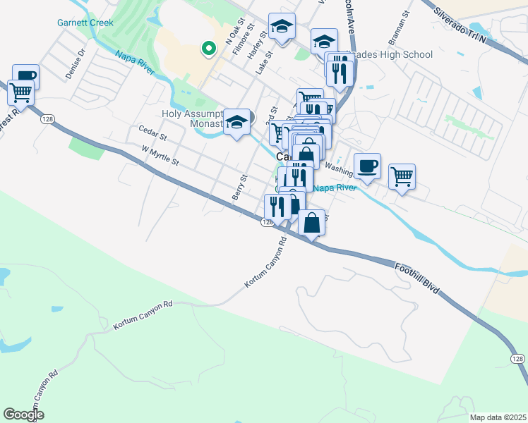 map of restaurants, bars, coffee shops, grocery stores, and more near 1303 Foothill Boulevard in Calistoga