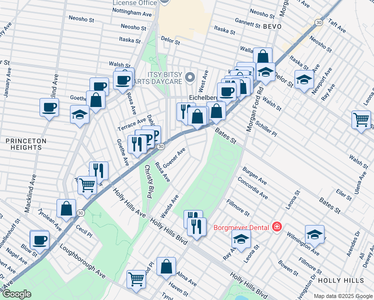 map of restaurants, bars, coffee shops, grocery stores, and more near 5832 Goener Avenue in St. Louis