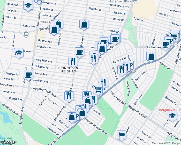 map of restaurants, bars, coffee shops, grocery stores, and more near 6010 South Kingshighway Boulevard in St. Louis