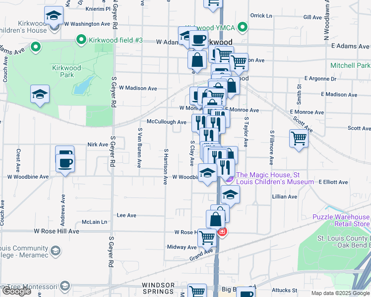 map of restaurants, bars, coffee shops, grocery stores, and more near 465 South Clay Avenue in Kirkwood