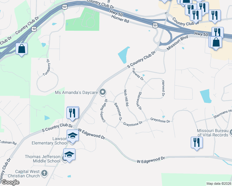 map of restaurants, bars, coffee shops, grocery stores, and more near 909 Bannister Drive in Jefferson City
