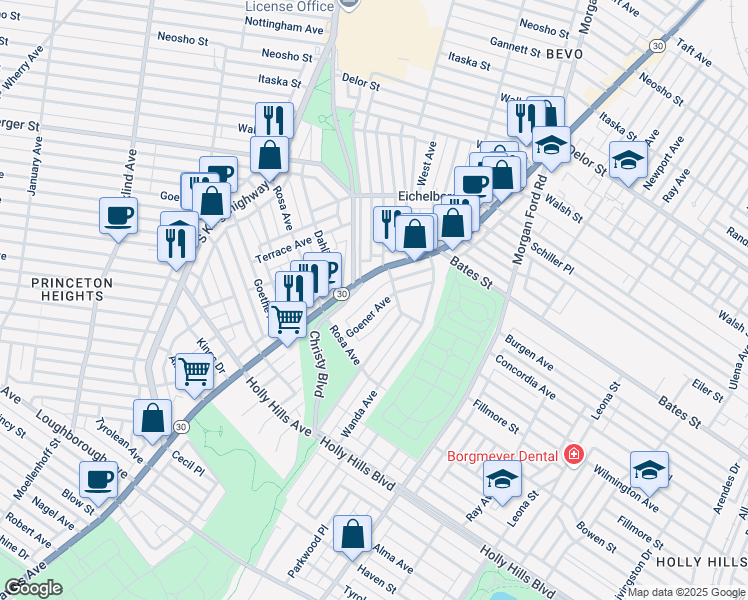 map of restaurants, bars, coffee shops, grocery stores, and more near 5821 Goener Avenue in St. Louis