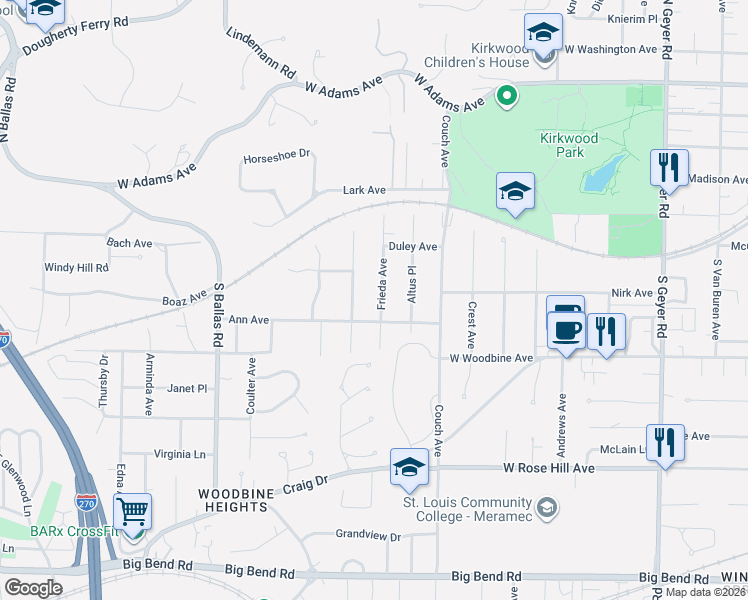 map of restaurants, bars, coffee shops, grocery stores, and more near 366 Frieda Avenue in Kirkwood