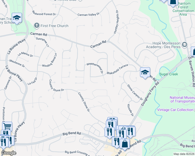 map of restaurants, bars, coffee shops, grocery stores, and more near 869 Pebblefield Terrace in Ballwin