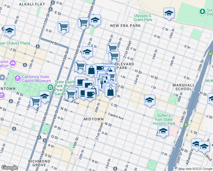 map of restaurants, bars, coffee shops, grocery stores, and more near 1015 20th Street in Sacramento